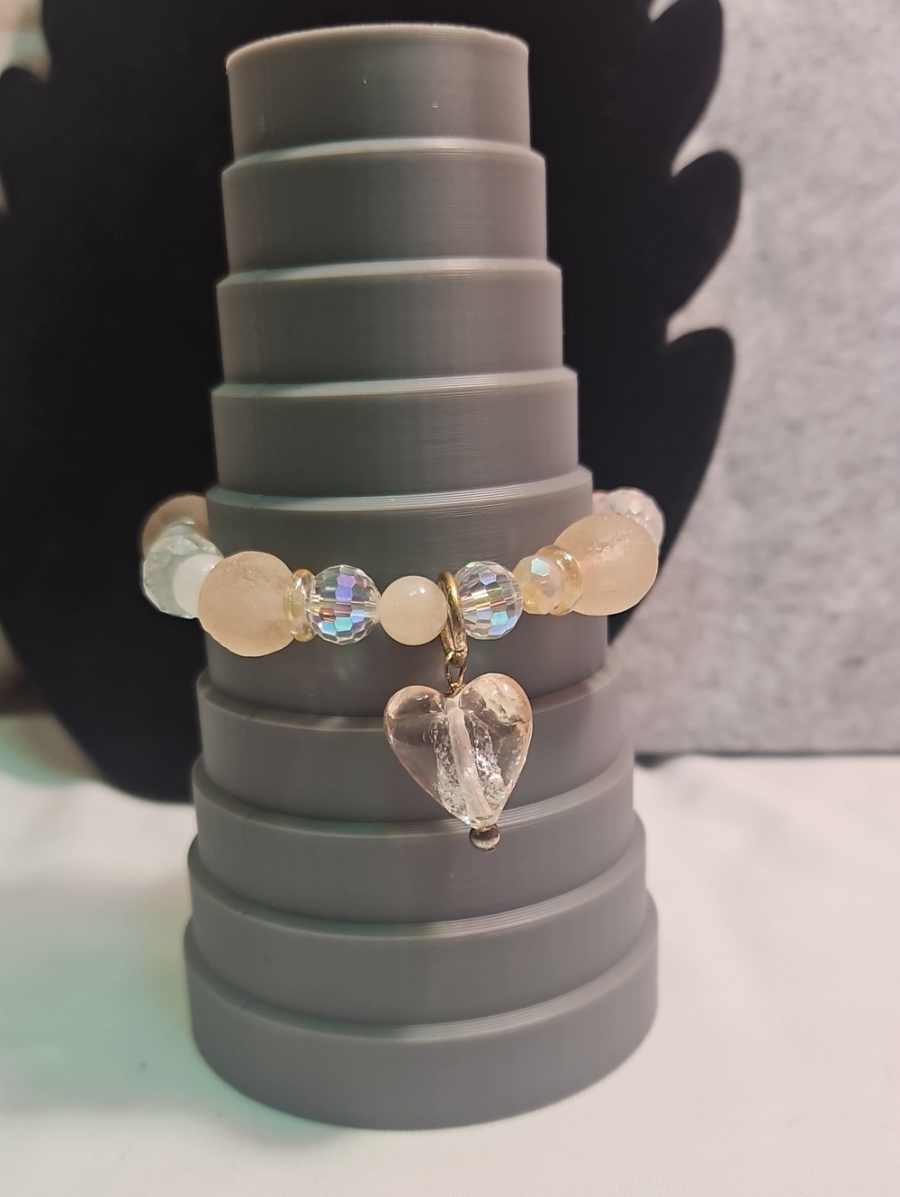 Handmade Peach Crystal Bead Bracelet with Heart Charm